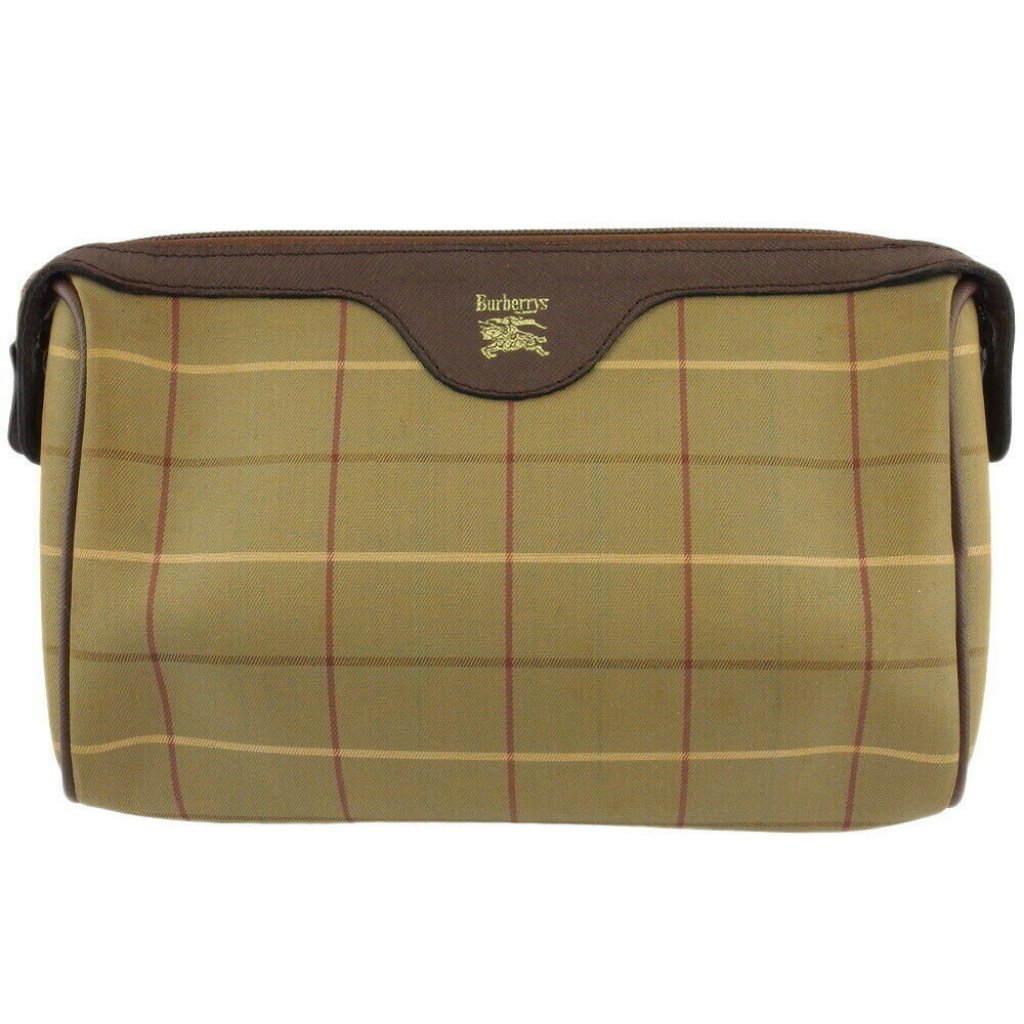 Auth Burberry Clutch Bag Check System Canvas Leather